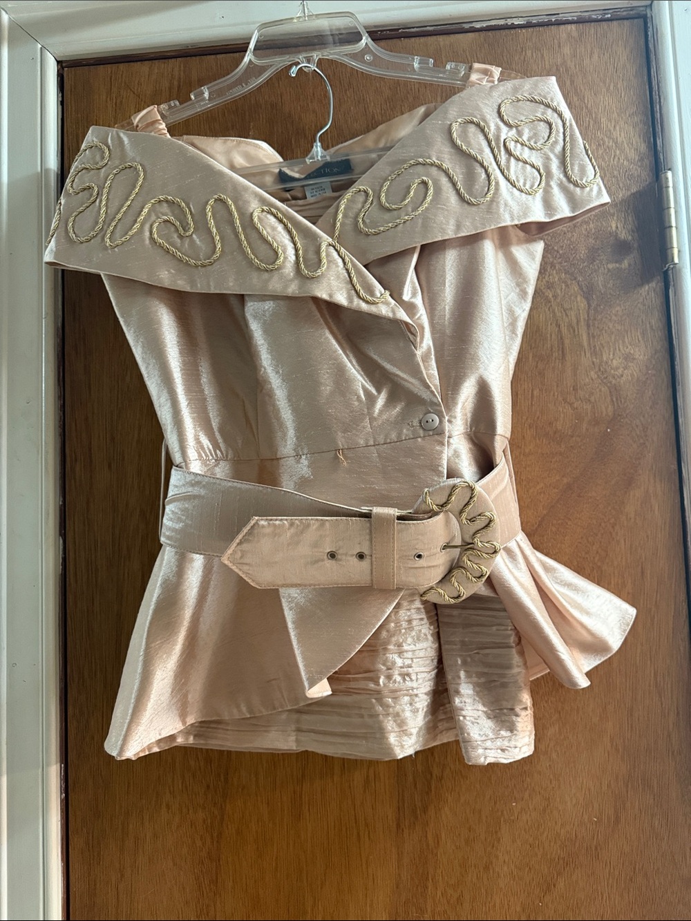 Satin Off-Shoulder Peplum Top with Gold Trim and Skirt